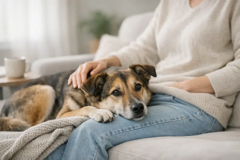 Ein Pflegehund ruht entspannt in einer ruhigen Umgebung und symbolisiert Sicherheit und Geborgenheit.