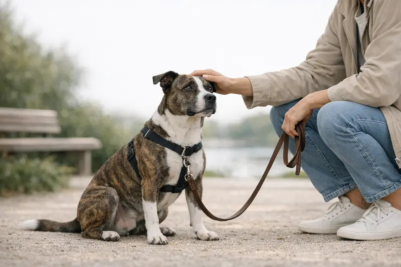 Ein ruhiger Pitbull an der Leine in einer entspannten Umgebung, der verantwortungsbewusste Hundehaltung symbolisiert.