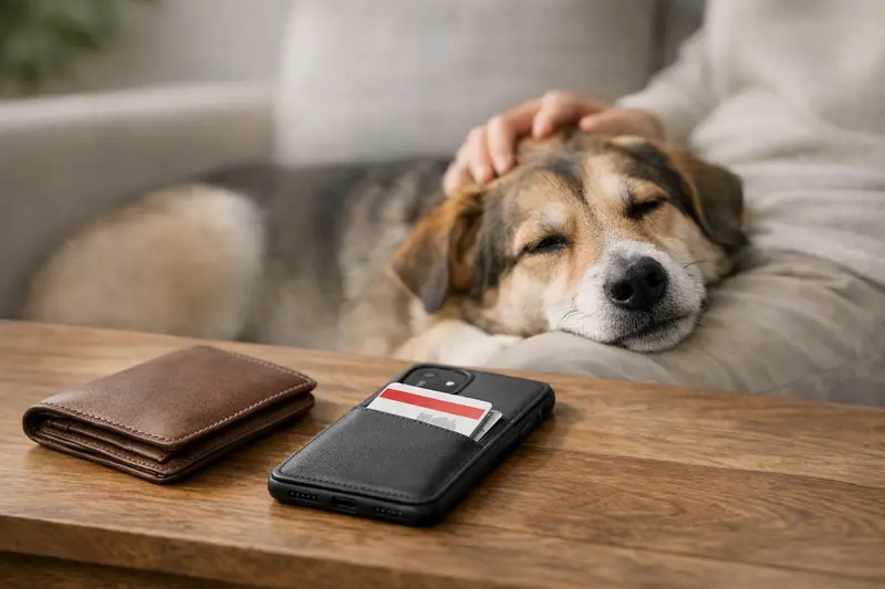 Ein Portemonnaie und ein Handy mit einer Notfallkarte, symbolisieren die wichtige Vorsorge für Haustiere.