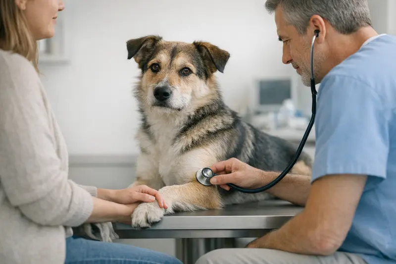 Ein ruhiger Rüde wird von einem Tierarzt untersucht, was die Wichtigkeit der Früherkennung bei Hunden unterstreicht.