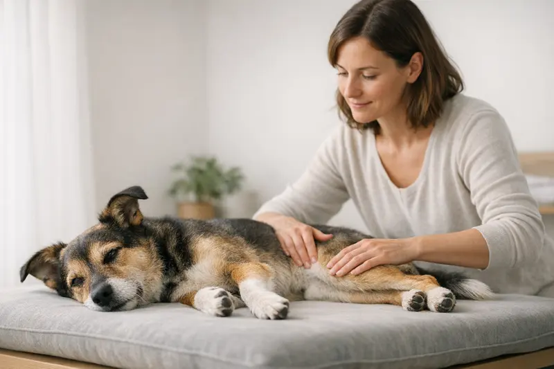 Ein ruhiger Hund erhält eine sanfte Massage von einem Therapeuten.