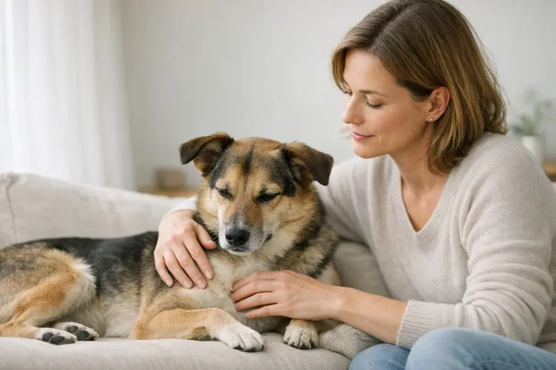 Ein Halter streichelt beruhigend seinen Hund und zeigt die stressarme TTouch-Methode für Tierinteraktion.