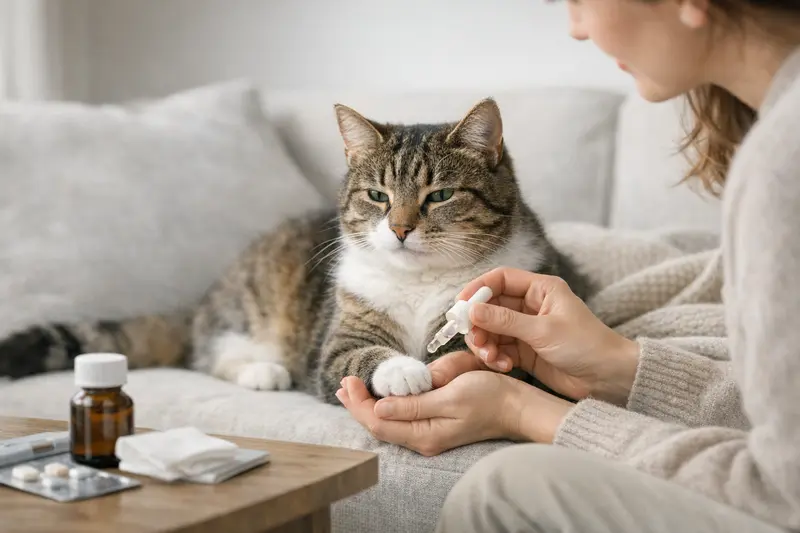 Ruhige Katze, die in einer häuslichen Umgebung sanft gepflegt wird, während eine Tierhalterin Medikation verabreicht.