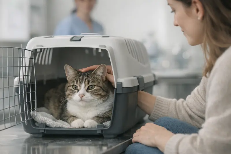 Ruhige Katze in einer Transportbox, die auf den Tierarztbesuch vorbereitet ist.