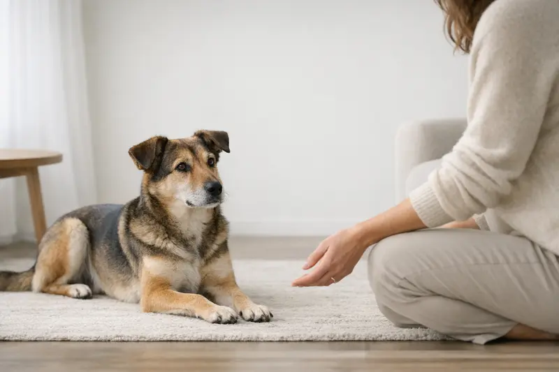 Ein Hund in ruhiger Studio-Szene, zeigt die Wichtigkeit von sicherer Betreuung.