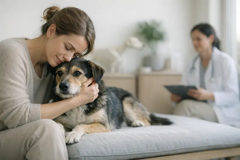 Ein ruhiger Hund liegt entspannt auf der Untersuchungsliege beim Tierarzt.