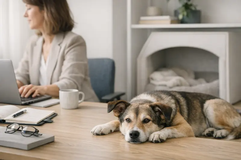 Ein ruhiger Hund liegt an einem aufgeräumten Arbeitsplatz und vermittelt eine angenehme Atmosphäre.
