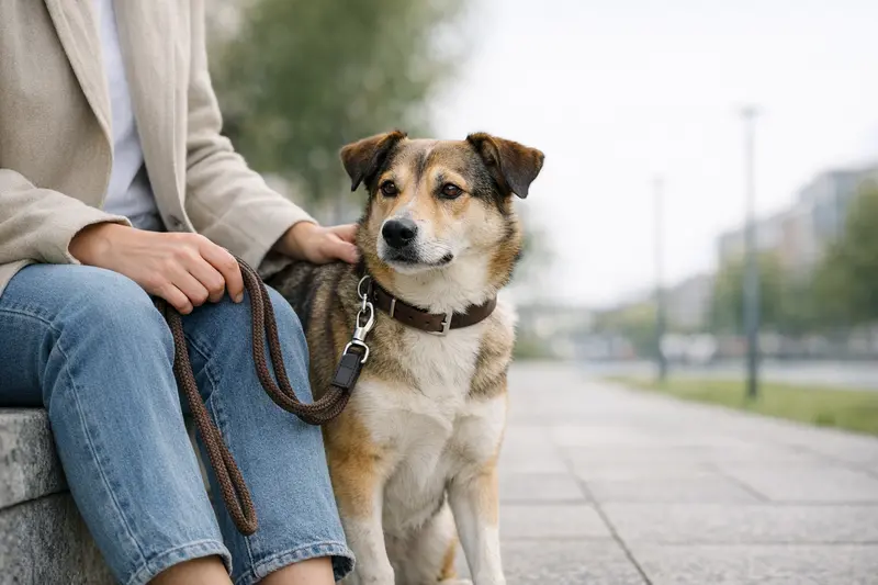 Ein ruhiger Hund an der Leine in einer Alltagssituation, der Sicherheit und Verantwortung ausdrückt.