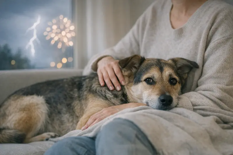 Ein ruhiger Hund in einem entspannten Moment während eines Gewitters, der eine sichere Umgebung genießt.