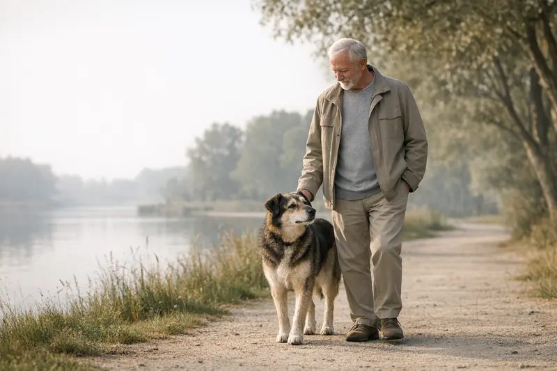 Ein älterer Mensch geht entspannt mit seinem Hund in einem ruhigen Park spazieren und zeigt die Bedeutung von Sicherheit und Alltagstauglichkeit.