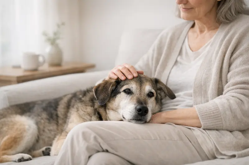 Ein seniorer Hund entspannt in einer ruhigen Wohnatmosphäre und strahlt Vertrauen und Fürsorge aus.