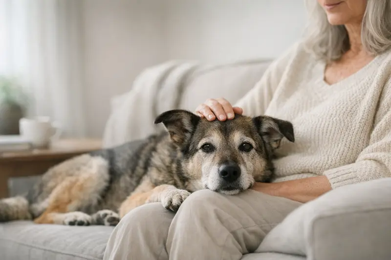 Ein ruhiger Seniorhund liegt entspannt in seinem Zuhause und vermittelt ein Gefühl von Sicherheit und Geborgenheit.