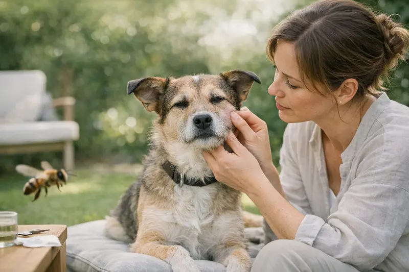 Ein entspannter Hund im Garten, der aufmerksam auf Insekten reagiert.