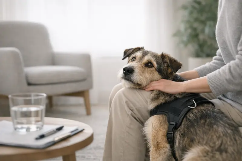 Ein Therapiehund in einer ruhigen Umgebung, der Professionalität und den Einsatz in einem Teamkontext ausstrahlt.