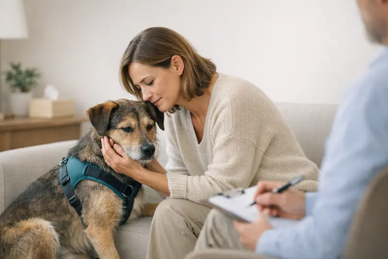 Ein Therapiehund interagiert ruhig mit einer Person in einem neutralen Therapiesetting, verkörpert Vertrauen und Nähe.
