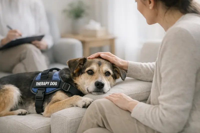 Ein Therapiehund mit Geschirr sitzt entspannt in einer ruhigen Einrichtung und vermittelt Vertrauen.