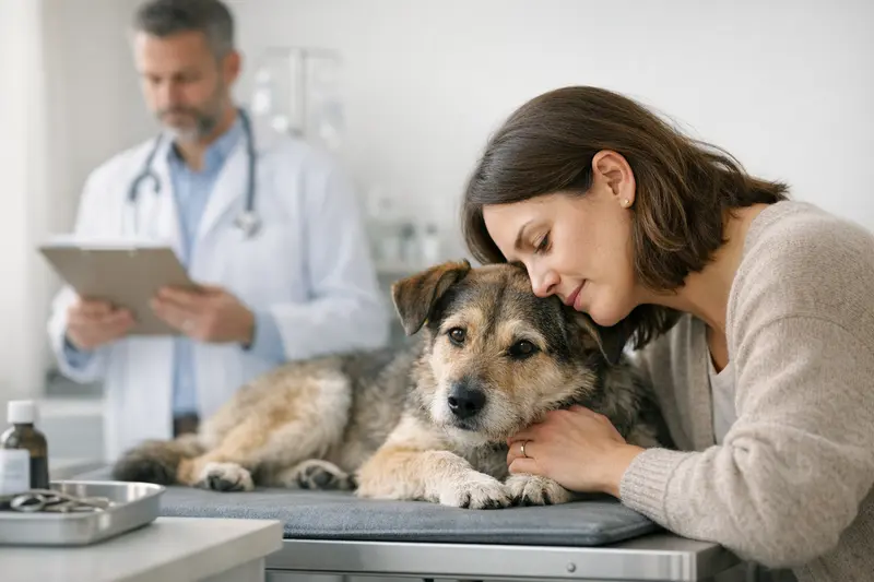 Ein allgemeiner Tierarztpraxis-Kontext mit einem Hund und einer Katze auf dem Untersuchungstisch.