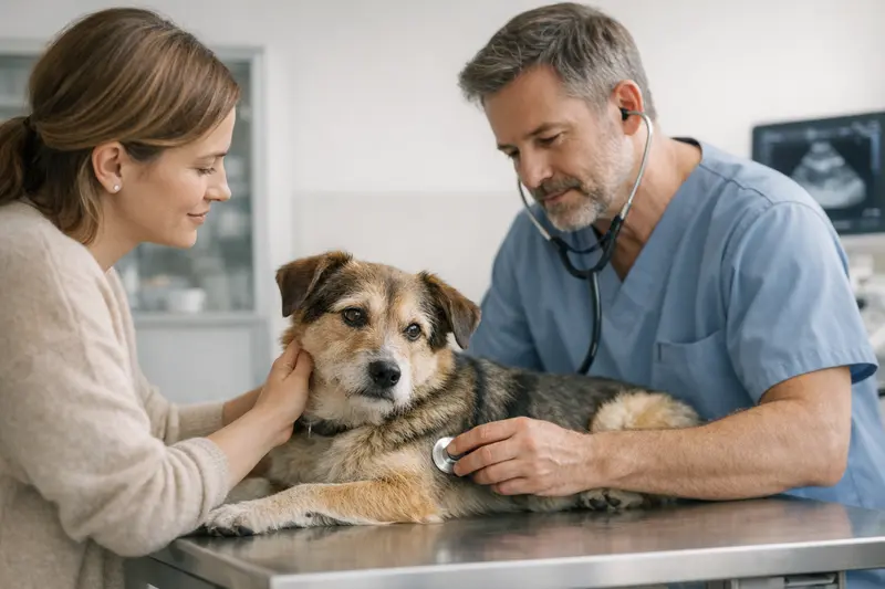 Ein Hund wird in einer Tierarztpraxis untersucht, um die tiermedizinische Diagnostik zu unterstützen.