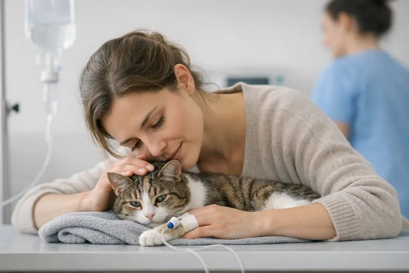 Eine gelassene weibliche Katze sitzt in einer kliniknahen Umgebung und vermittelt Ruhe in einer potenziellen medizinischen Notfallsituation.