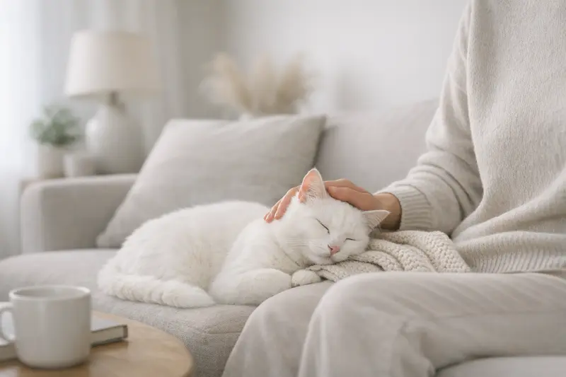 Eine weiße Katze entspannt in einem sicheren Wohnraum und symbolisiert Schutz und Verantwortung.