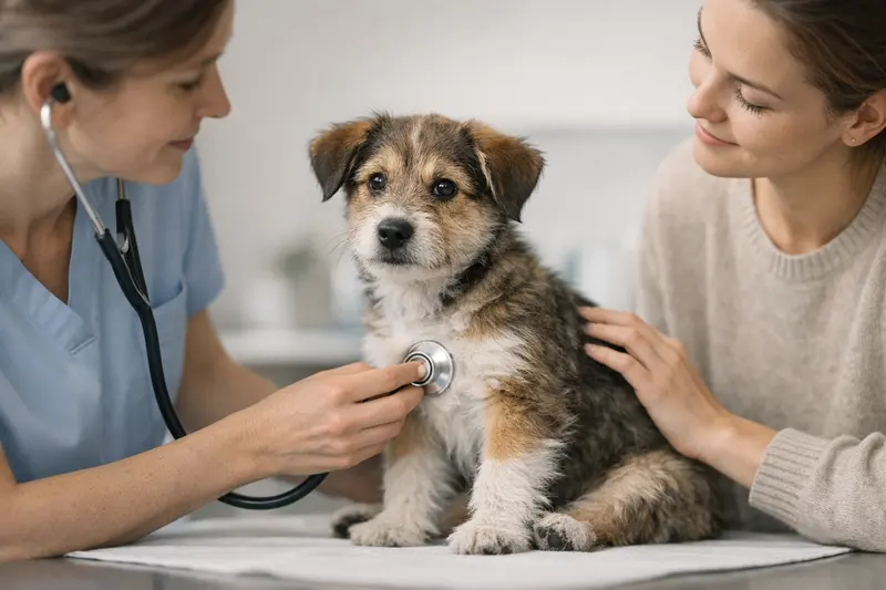Welpe beim Tierarzt während eines Gesundheitschecks.