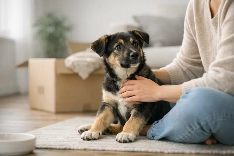 Ein sanfter Welpe erkundet sein neues Zuhause und fühlt sich geborgen.