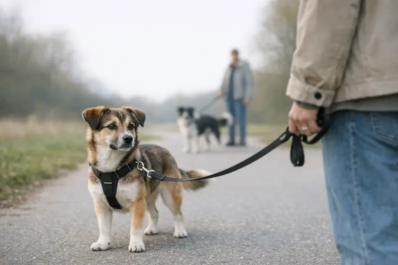 Welpe an der Leine in kontrollierter Begegnungssituation mit einem anderen Hund.