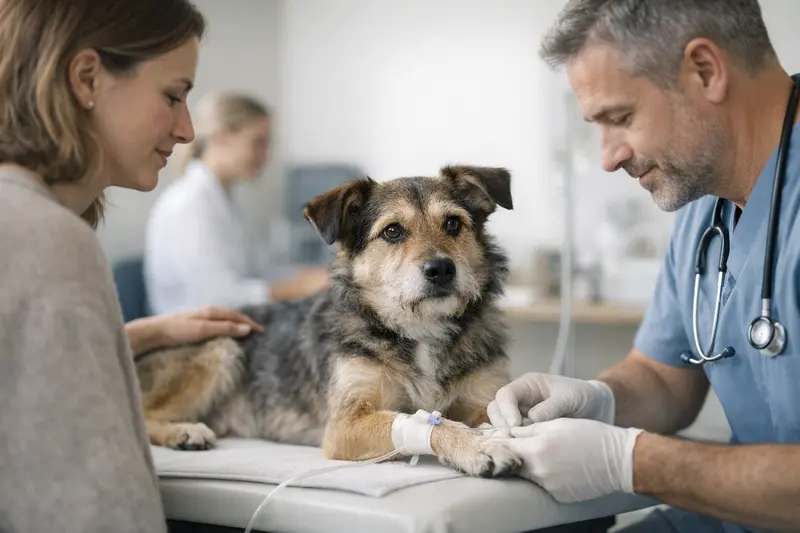 Ein Hund wird professionell beim Tierarzt behandelt, um die Entscheidung zwischen OP-Schutz und Vollschutz zu veranschaulichen.