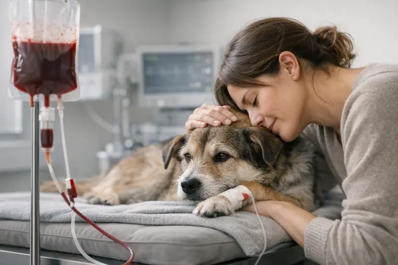 Eine sorgsame Tierärztin führt eine Bluttransfusion bei einer Katze in einer Klinik durch.