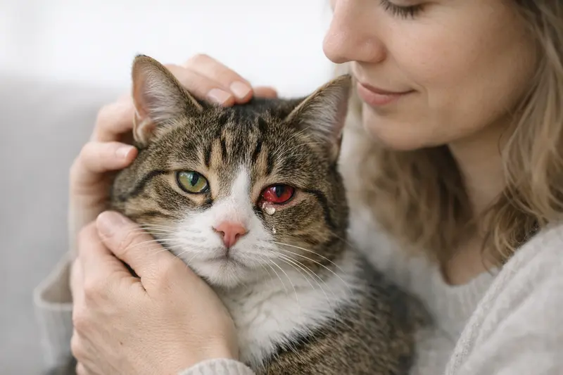 Eine Katze mit leicht tränendem und gerötetem Auge, die gesund wirkt.