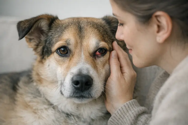 Ein vertrauensvoller Hund mit leicht gerötetem Auge, der Ruhe ausstrahlt.