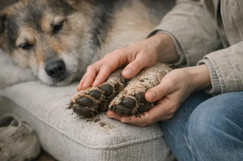 Pfoten eines Hundes mit feuchtem und verschmutztem Boden nach einem Spaziergang.