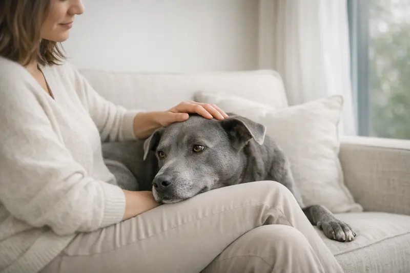 Ein Hund mit dilute-Fellfarbe in blau/silber auf einem neutralen Hintergrund, der gesund und vital wirkt.