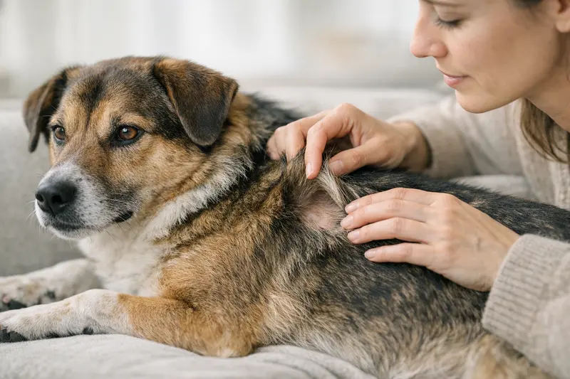 Nahaufnahme eines gesunden Hundes mit glänzendem Fell, der die Aufmerksamkeit auf Hautveränderungen lenkt.