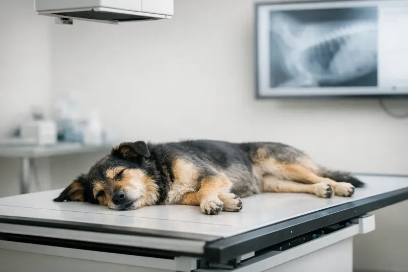 Ein Hund liegt ruhig auf einem Röntgentisch und vermittelt den Ablauf einer professionellen medizinischen Untersuchung.