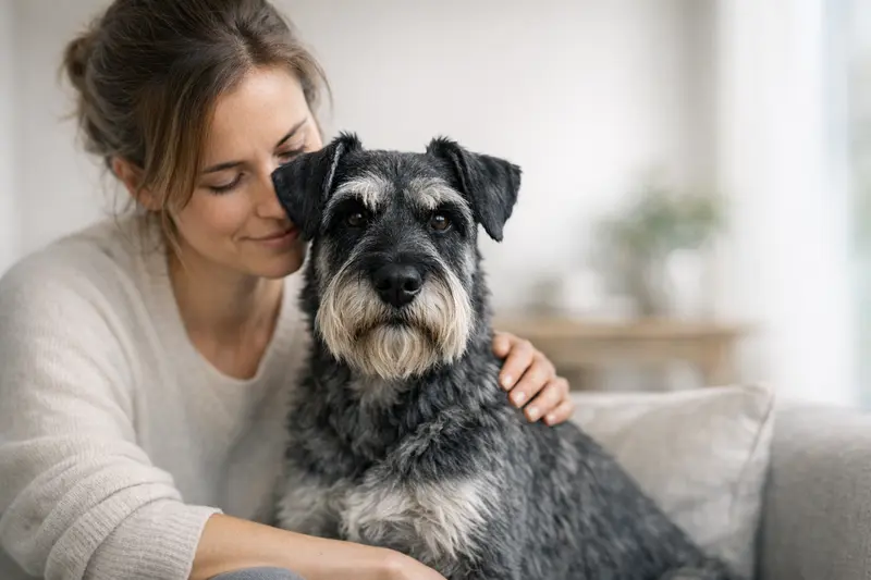 Ein Mittelschnauzer in schwarz, der freundlichen Blick auf den Betrachter wirft.