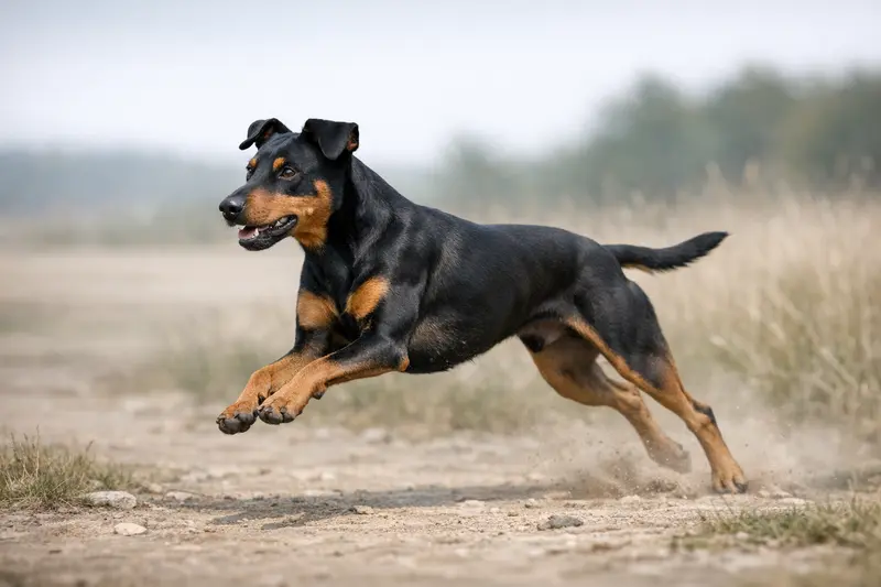 Ein aktiver Deutscher Pinscher läuft dynamisch über eine Wiese und zeigt seine Muskulatur.
