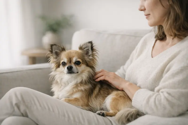 Langhaar Chihuahua sitzt ruhig und gelassen auf einem weichen Untergrund.