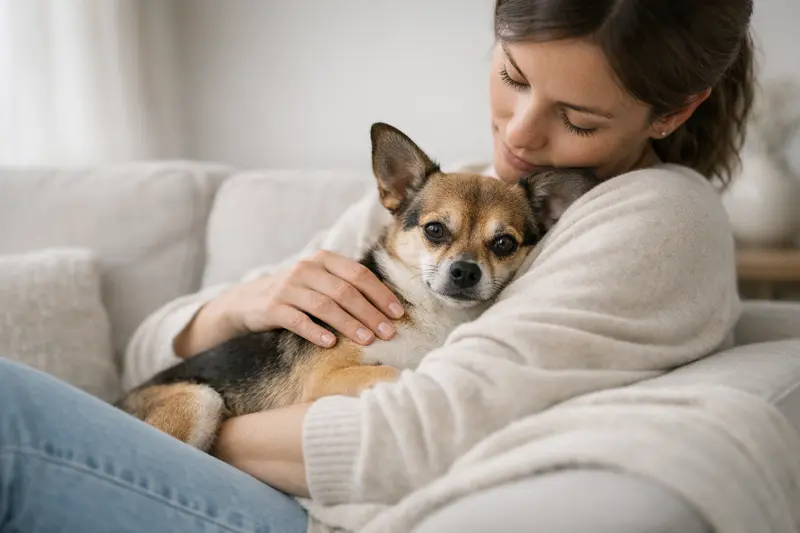 Ein Chihuahua entspannt auf dem Schoß seines Halters und vermittelt ein Gefühl von Nähe und Verantwortungsbewusstsein.