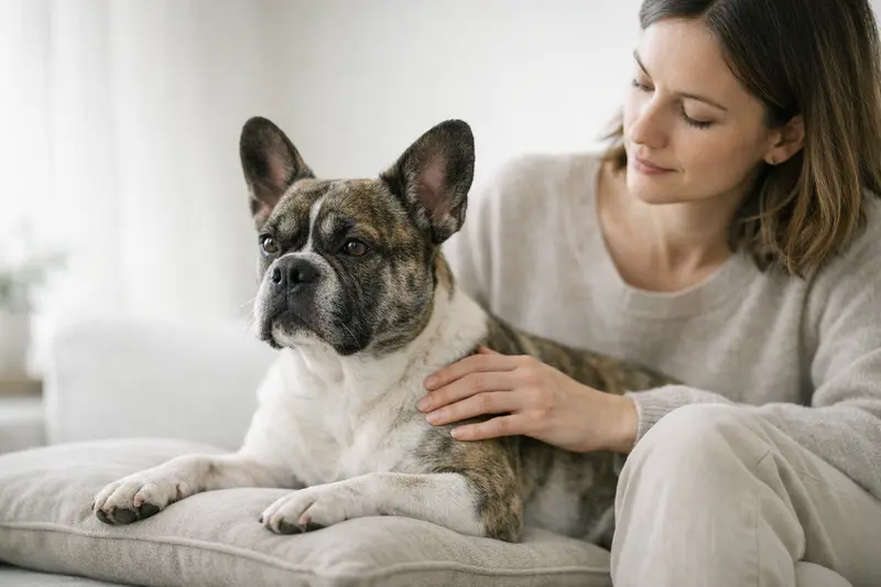 Eine gelassene Französische Bulldogge vor neutralem Hintergrund, die die Rasse klar identifizierbar macht.