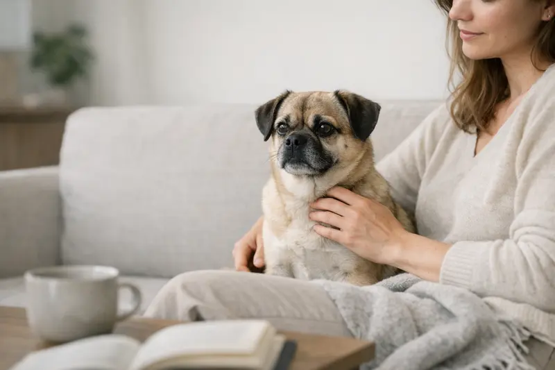 Ein entspannter Mops sitzt in seinem Zuhause und genießt den Alltagsmoment.
