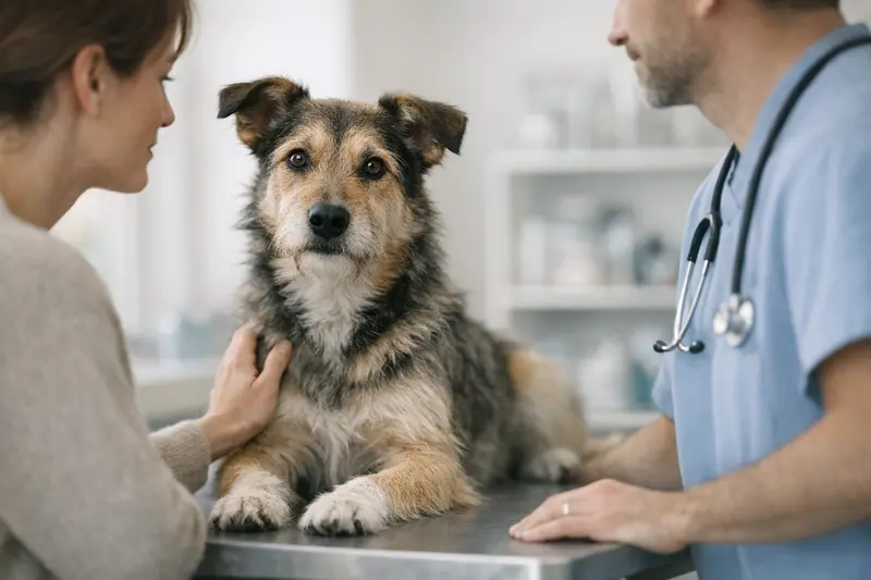 Ein ruhiger Hund schaut vertrauensvoll in die Kamera in einer Tierarztpraxis.
