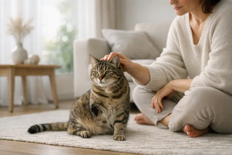 Dreiäugige Katze in einer sicheren Wohnumgebung, zeigt Lebensqualität in liebevoller Atmosphäre.