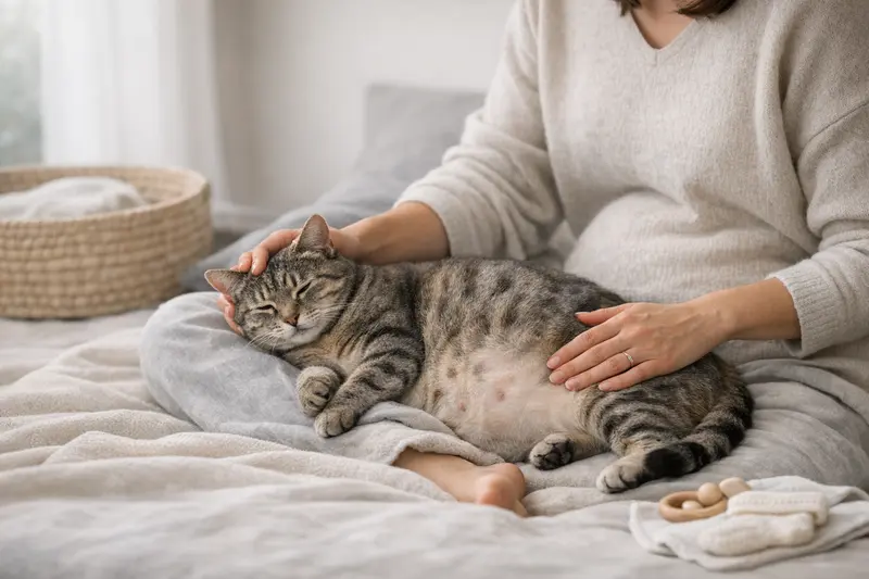 Eine trächtige Katze entspannt in einem geschützten Bereich und strahlt Sicherheit aus.