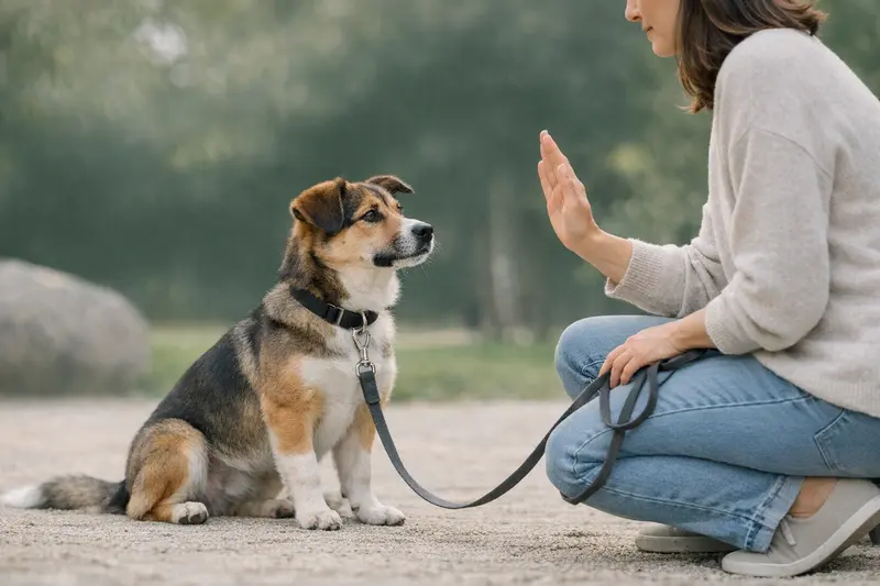 Ein Welpe wird ruhig und sicher an der Leine trainiert, um eine vertrauensvolle Bindung zu seinem Halter aufzubauen.
