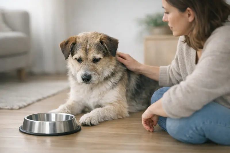 Ein ruhiger Hund steht vor seinem Napf, ohne zu fressen, ein Bild voller Vertrauen in der Tiergesundheit.