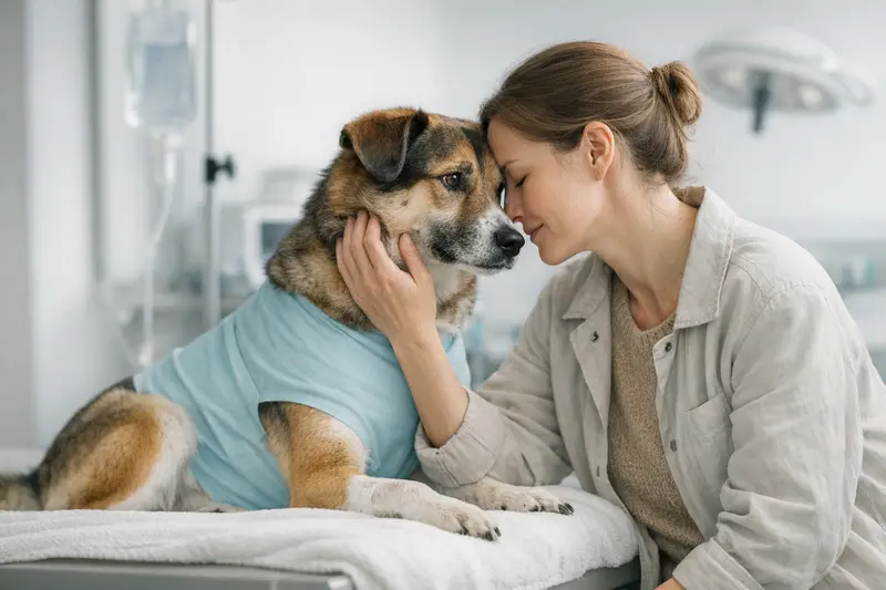 Ein ruhiger Hund liegt entspannt auf einer Untersuchungsliege in einer tierärztlichen Praxis.