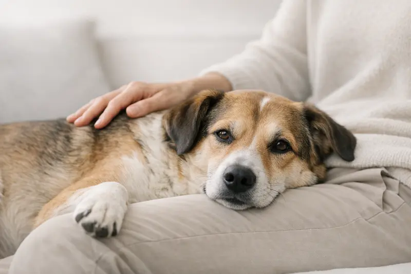 Ein ruhiger Hund mit einem glänzenden Fell, der entspannt auf einem neutralen Hintergrund sitzt.