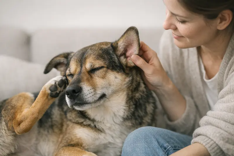 Ein ruhiger Hund mit einem klaren Fokus auf seine Ohren und Haut, der auf Milben und Juckreiz hinweist.