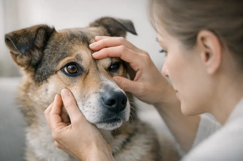 Ein ruhiger Hund mit einem fokussierten Blick, der sein Sehvermögen zeigt.